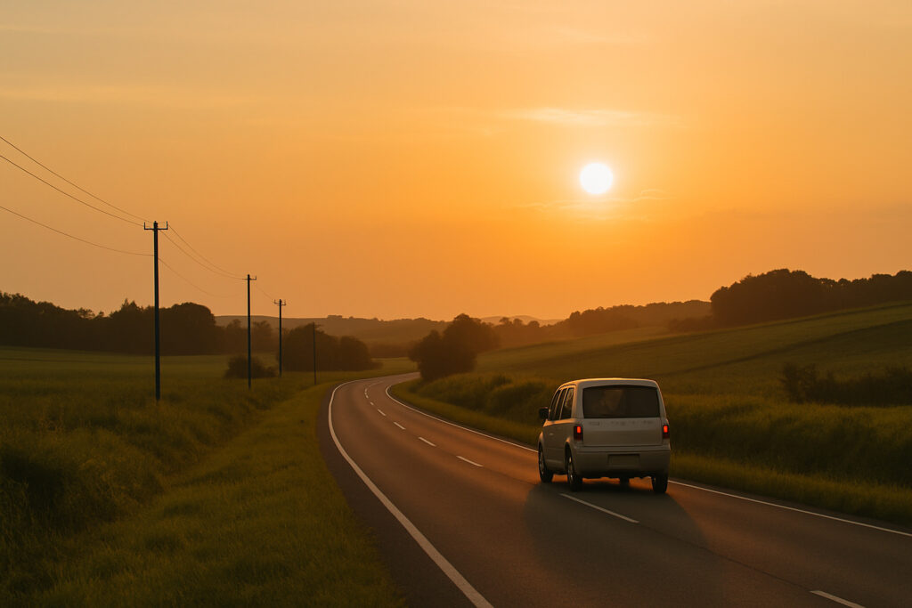 夕暮れの道をのんびり走る車