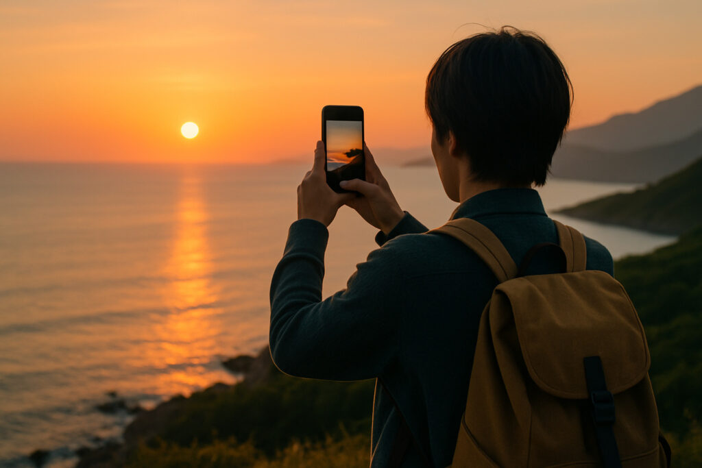 海辺で夕日をスマホで撮影している人。