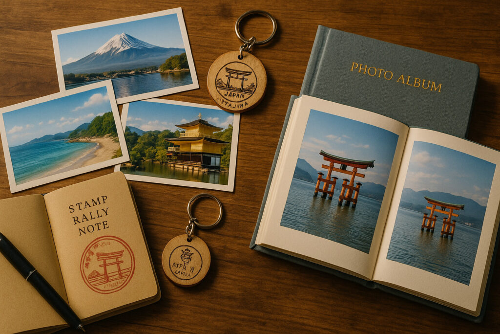 机の上に並べられた日本の旅行関連アイテム。富士山や金閣寺、海辺の風景の写真3枚、朱色の鳥居の写真が開かれたフォトアルバム、スタンプラリーノートに押された鳥居の印、2つの木製キーホルダー、黒いペンが写っている。