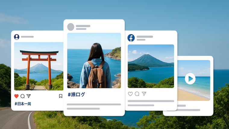 スマホ画面にInstagramやX風の投稿画面が重なった構図。写真や動画を並べて投稿・記録するイメージ。