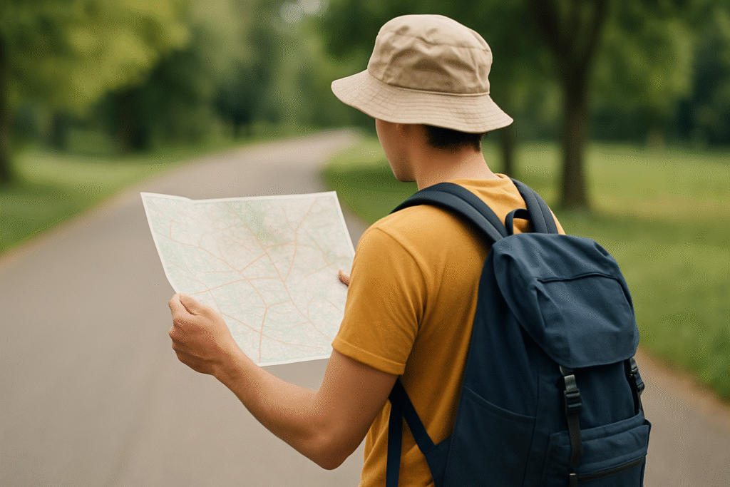 地図を見ながらリュックを背負った一人の旅人が、安全そうな道を確認している様子