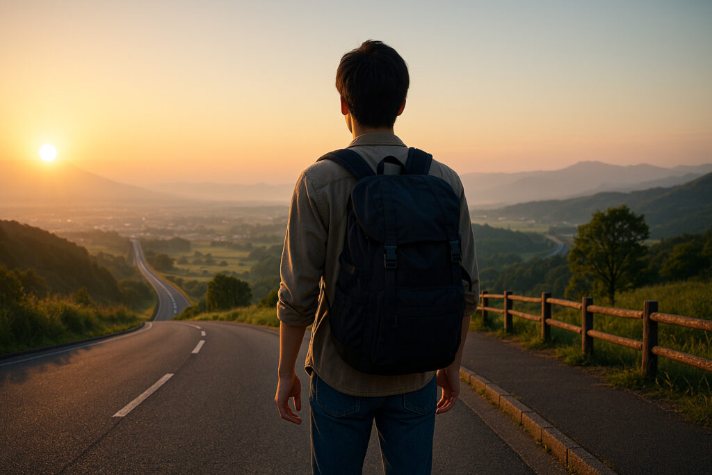 朝日が差し込む丘の上で、リュックを背負った若者が遠くの風景を見つめている様子