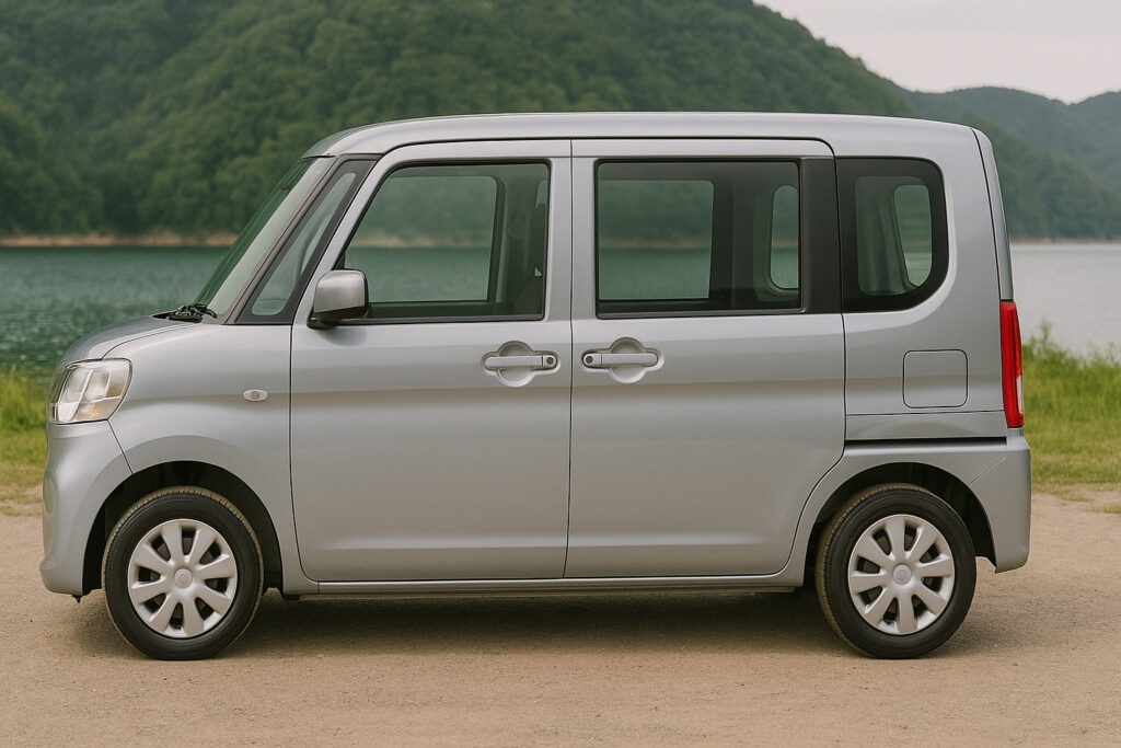 日中に撮影された、軽自動車が一台停まっている横長の写真。車体全体が写っており、周囲には自然の風景が広がっている。