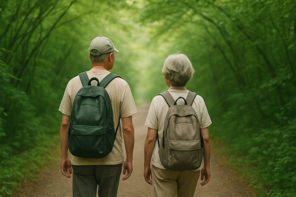 緑のトンネルのような木々の間を、リュックを背負った60代の夫婦が仲良く並んで歩いている。