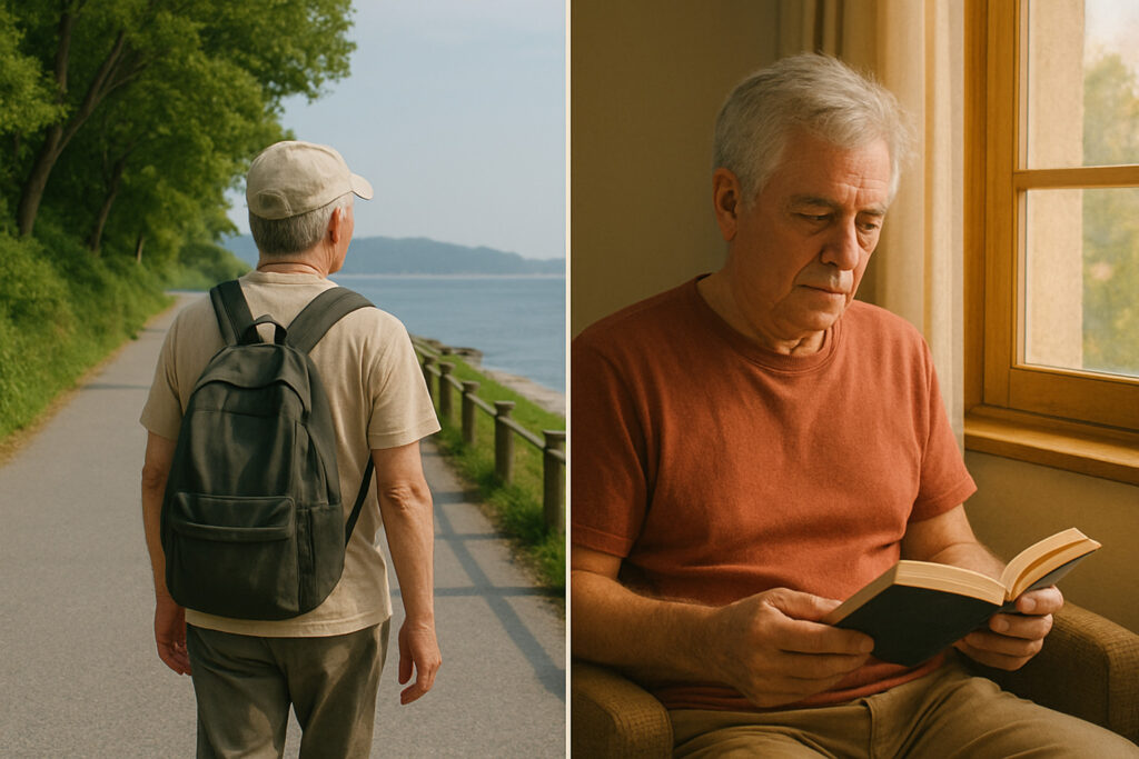 60代の男性が海沿いの道をリュックを背負って一人で歩いている様子と、宿の窓際で本を読みながら静かに過ごしている様子を並べた写真。