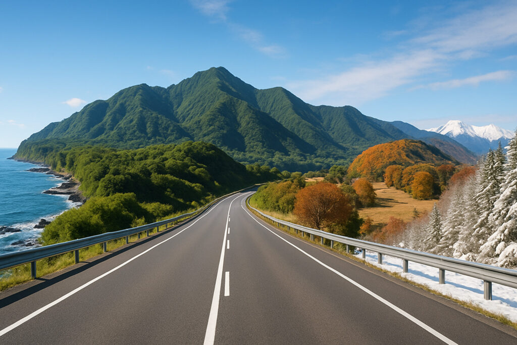 日本一周のルートを走るような、パノラマ風の道路や風景の画像。
