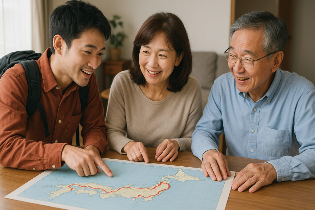 旅のルートが描かれた地図を家族や友人と一緒に見ながら話しているシーン。