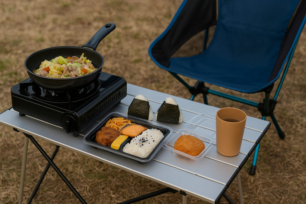キャンプ用の簡易テーブルの上に、カセットコンロで調理された料理と、コンビニ弁当やおにぎりなどが並んでいる風景