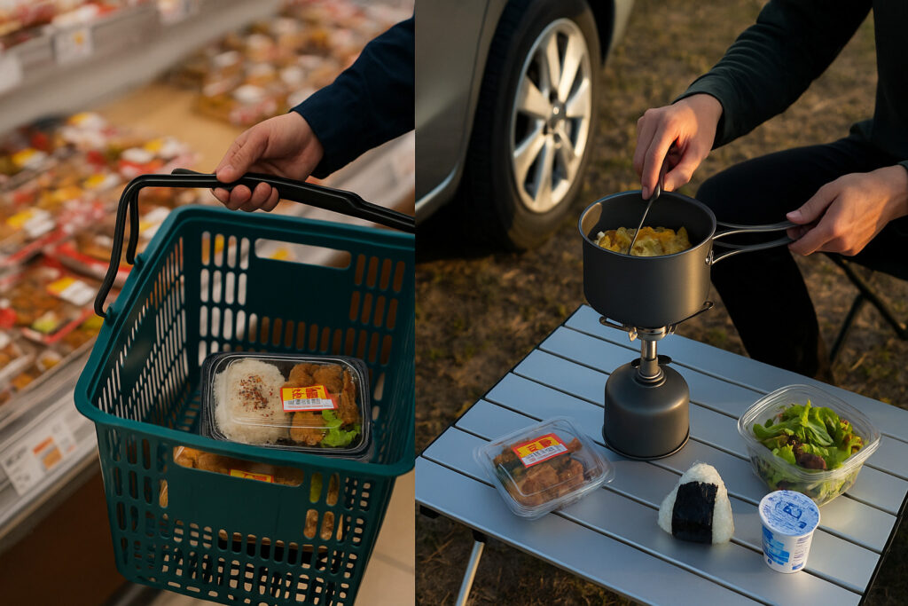 夕方のスーパーで、割引シールが貼られた総菜や弁当をカゴに入れている様子」+「車のそばやキャンプテーブルでコンパクトなクッカーとバーナーを使って調理している様子