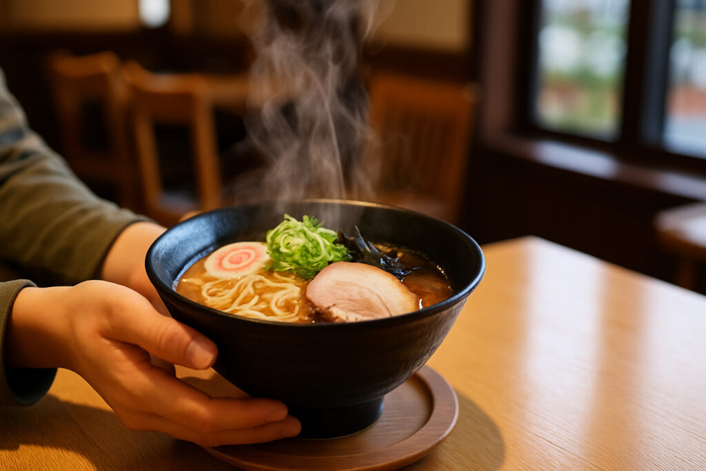 ご当地ラーメンやうどんなど、名物料理が湯気を立てて運ばれてくる瞬間の写真