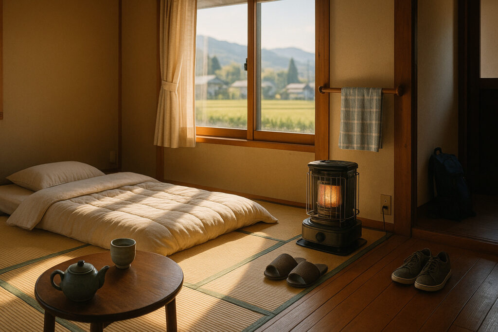 布団が敷かれた畳の部屋に朝の光が差し込み、ちゃぶ台と窓の外の田舎風景が見える室内