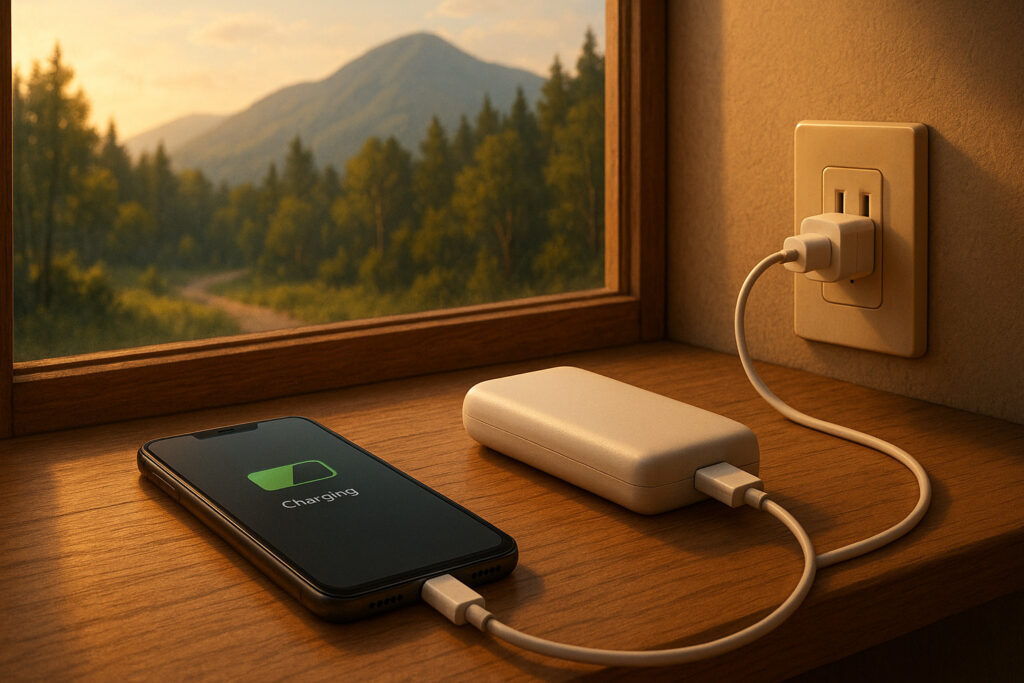木製のテーブルの上にスマートフォンとモバイルバッテリーが置かれている。窓の外には木々と小道、遠くに山が見える。
