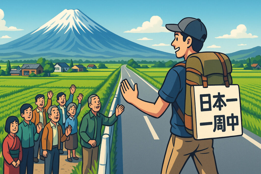 日本一周と書かれた看板を掲げた旅人が、地元の人々と交流しながら旅する様子