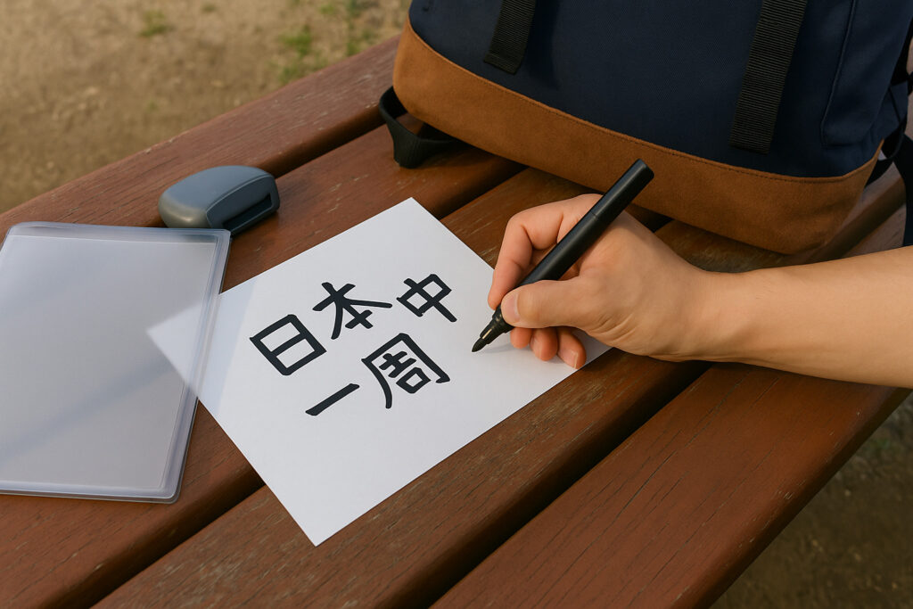紙に『日本一周中』と書きかけている様子