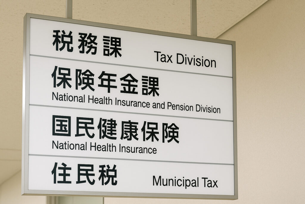フロア案内に「税務課」「保険年金課」「国民健康保険」「住民税」などの文字が並んでいる