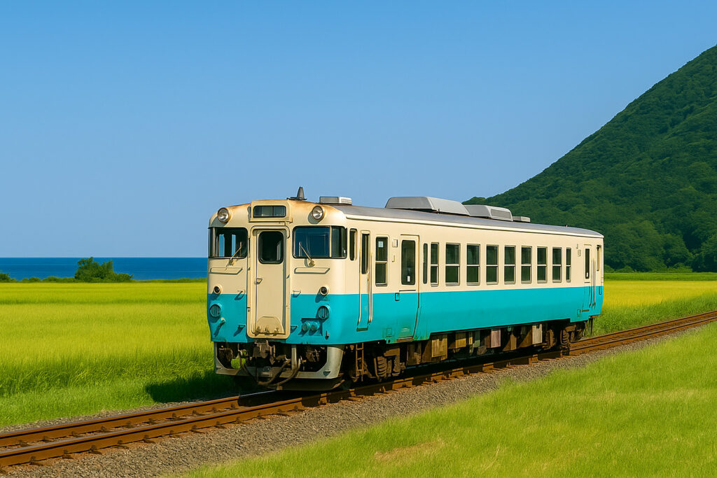 青空の下、山や海、田んぼを背景にしたローカルな駅と観光列車の風景。自然豊かで開放感のある静かな場所。