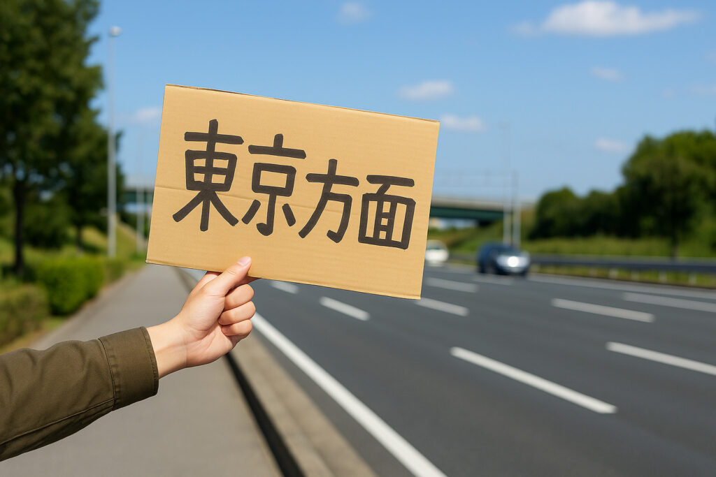 大きな『東京方面』と書かれた看板を手に持っている様子。