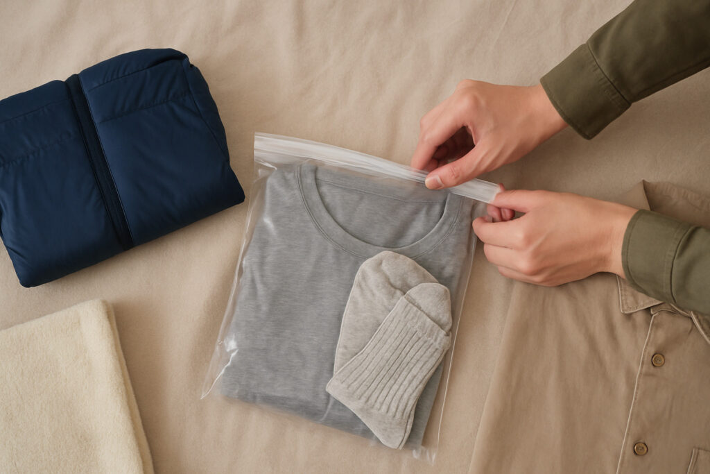 衣類圧縮袋に収納された服と、その横に未圧縮の服を並べた比較写真