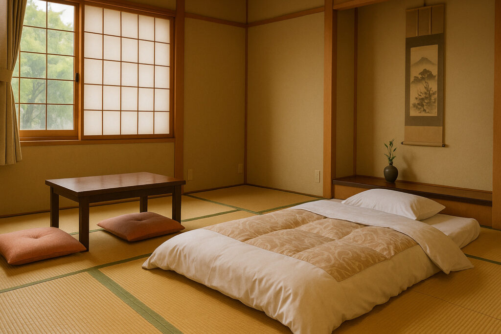 畳の和室+座卓+布団が敷かれた部屋の写真