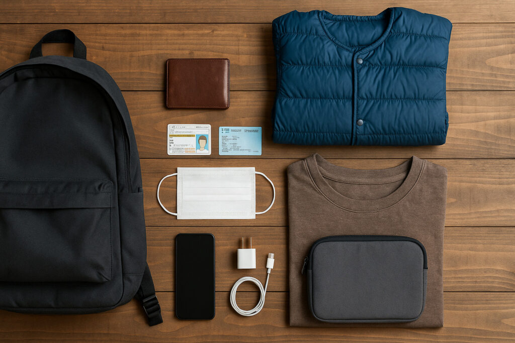 旅の必需品が木のテーブルの上に整然と並べられている。バックパック、財布、スマートフォン、充電器、マスク、身分証、保険証、衣類などが含まれている。