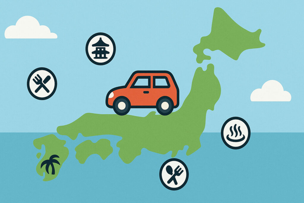 車が日本地図の上を走っているイラスト。「グルメ」「温泉」などの小アイコンが配置されている。