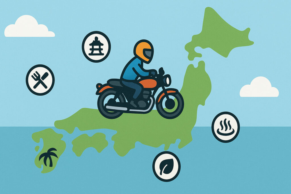 バイクが日本地図の上を走っているイラスト。「グルメ」「温泉」などの小アイコンが配置されている。