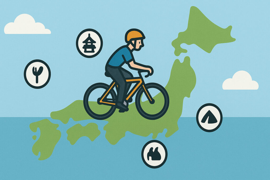 自転車が日本地図の上を走っているイラスト。