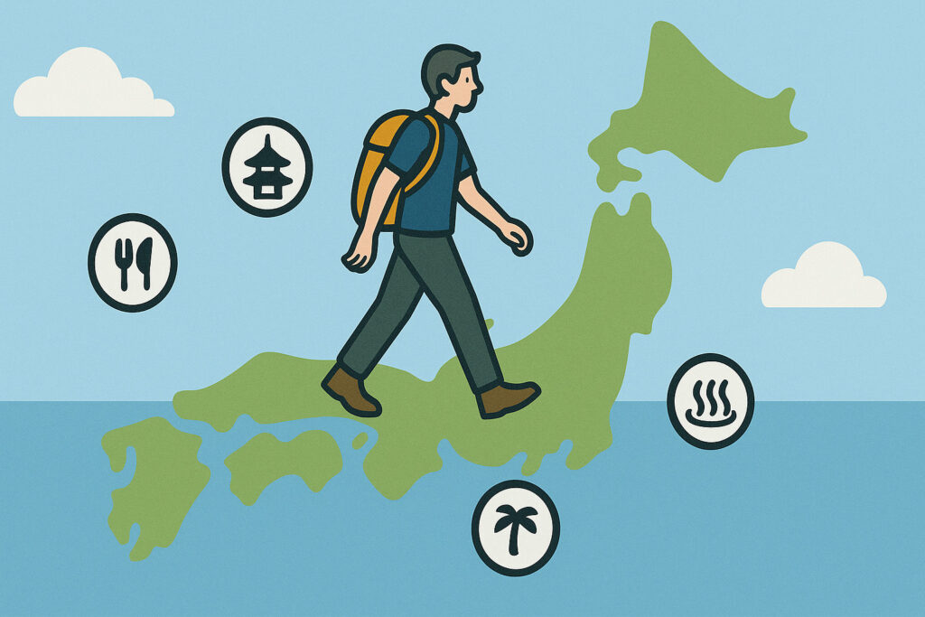 日本地図の上を歩いているイラスト。