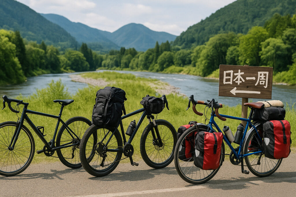 いろんなタイプの旅自転車が並んでいる風景。クロスバイク、マウンテンバイク、ツーリングバイクが3台並んで止めてある。