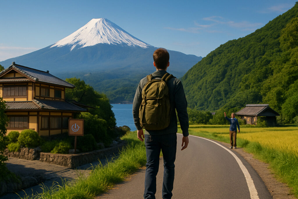 自然に囲まれた山道を歩くひとりの旅人。背景には広がる山々や渓谷が見え、日本の多様な風景と旅の自由な雰囲気が伝わる。