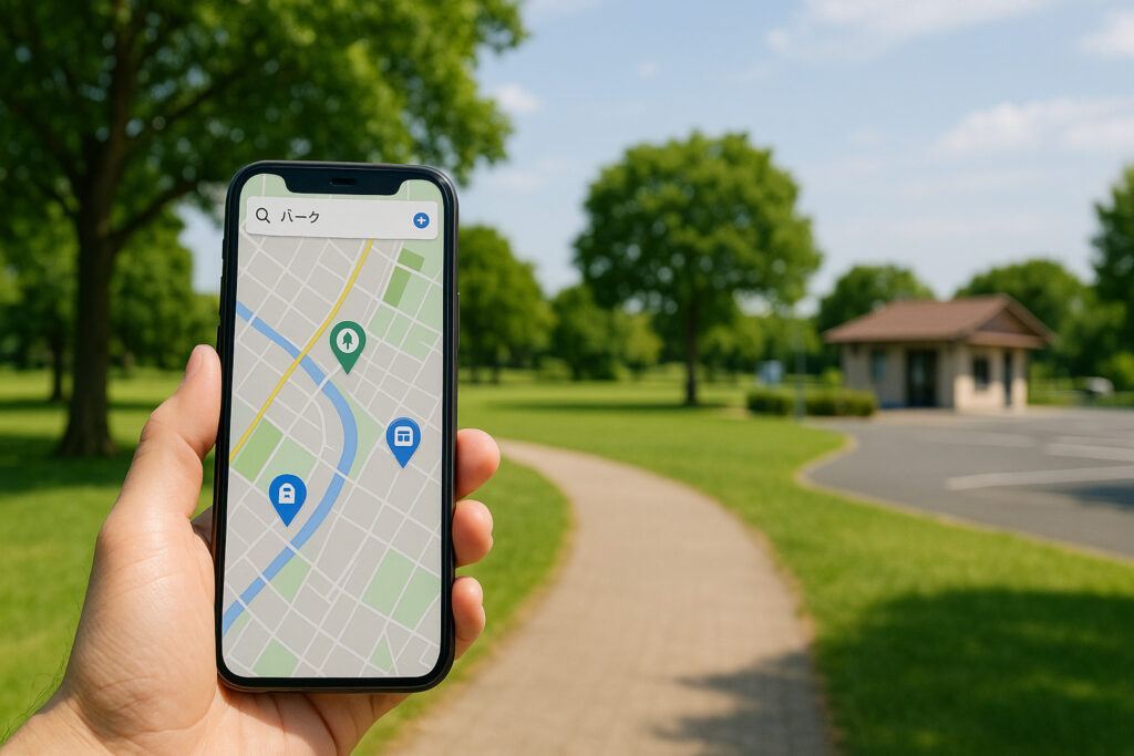 手に持ったスマホの地図画面と、その先に広がる公園の風景。