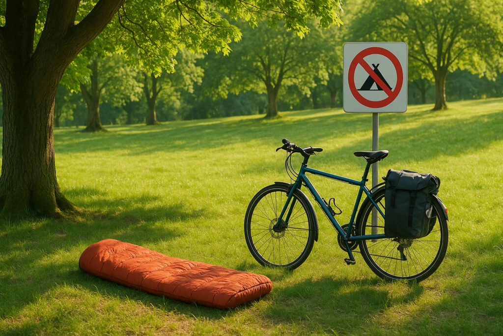 公園の木陰に置かれた赤い寝袋と自転車。近くには「キャンプ禁止」を示す看板が立っている。

