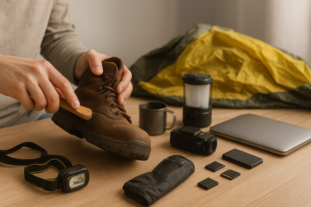 旅から戻った人が靴を磨きながら、机の上にテントやランタン、カメラ、SDカード、ノートパソコンなどの装備や記録を整理している様子