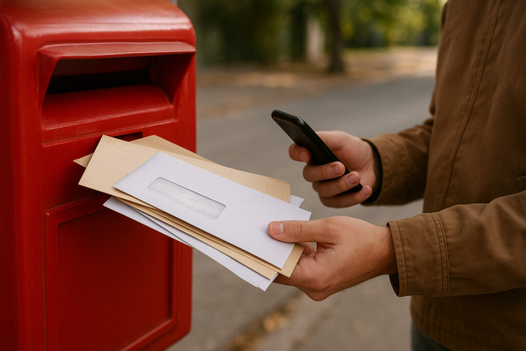 赤いポストから封筒を取り出し、スマートフォンを持っている人の手元
