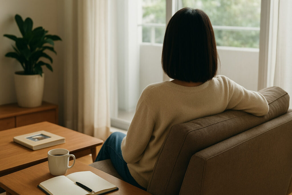 窓際のソファに座り、外を眺める人物の後ろ姿。テーブルにはノートとコーヒーカップが置かれており、室内に柔らかな自然光が差し込んでいる