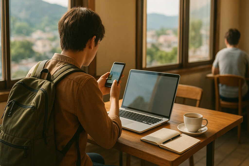 ゲストハウスの共用スペースで、後ろ姿の旅人がノートPCやスマホで旅日記やSNSを更新している様子。窓の外には街並みが見える。
