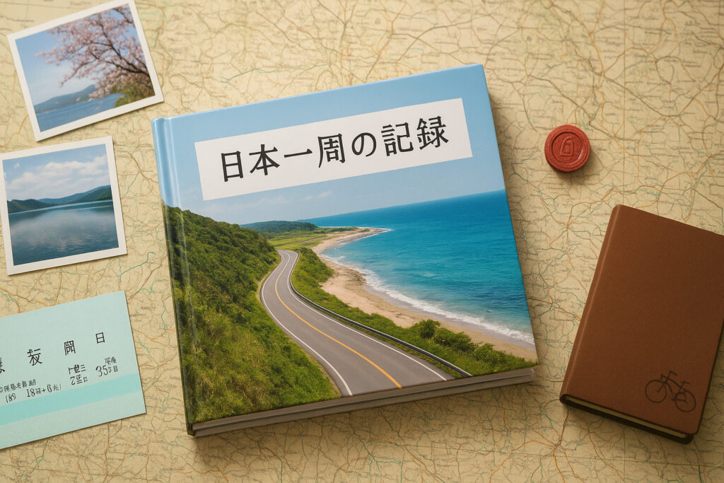 『日本一周の記録』と書かれたフォトブックが地図の上に置かれ、周囲に旅の写真や切符、ノートなどの小物が並んでいる。