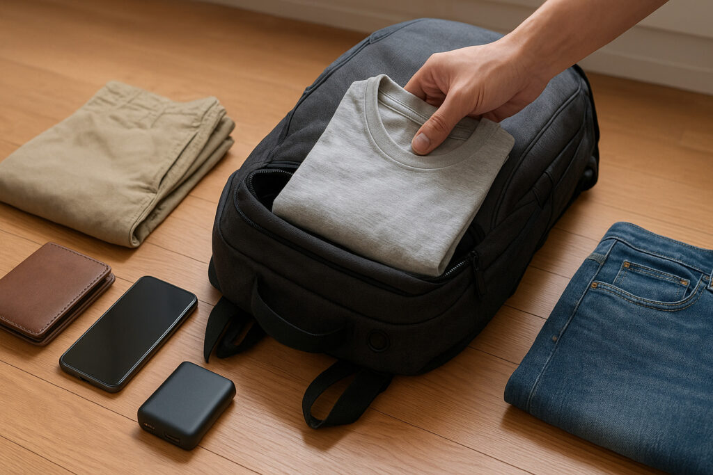 床に広げた荷物(衣類・財布・スマホ・バッテリー)をリュックに入れようとしている様子。