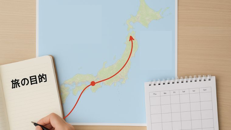 机の上に広げられた日本地図に赤いルート線が描かれ、横に旅の目的を書いたノートとカレンダーが置かれている。