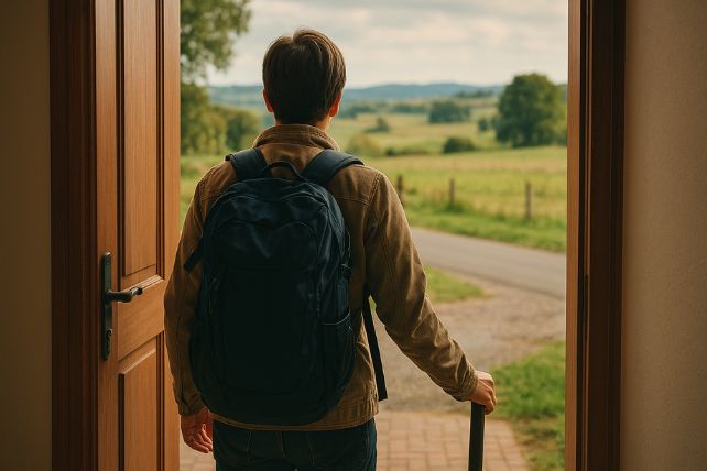 家の玄関でリュックを背負い、外を見つめる後ろ姿。旅立ち前のワクワクと少しの緊張感を感じさせる場面。