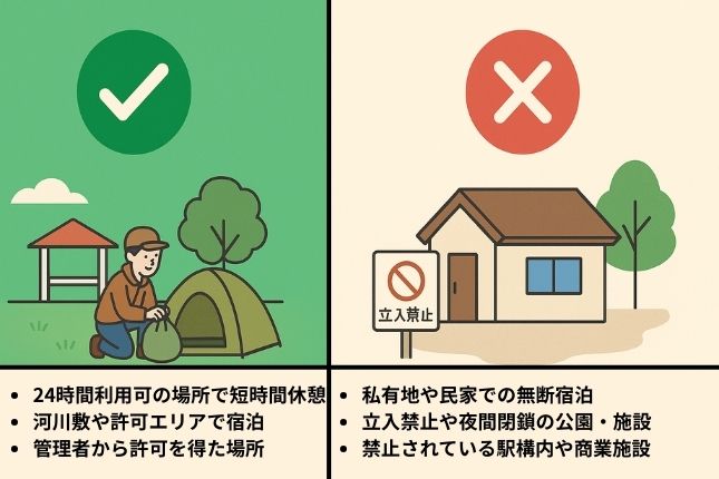 野宿のOK例とNG例を対比したイラスト。左は緑色の背景で、公園にテントを張る人と『24時間利用可』の文字、右はベージュ色の背景で、家と『立入禁止』の看板、『私有地や民家の敷地』の文字