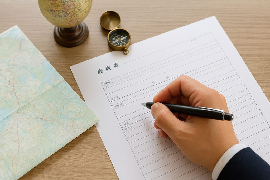履歴書にペンで記入する手元と、横に置かれた地図・地球儀・コンパス