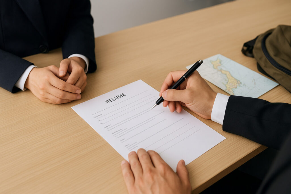 面接中の机越しの様子。応募者の手元と、面接官が履歴書を確認する手元が写っており、机の端には地図とリュックが置かれている。