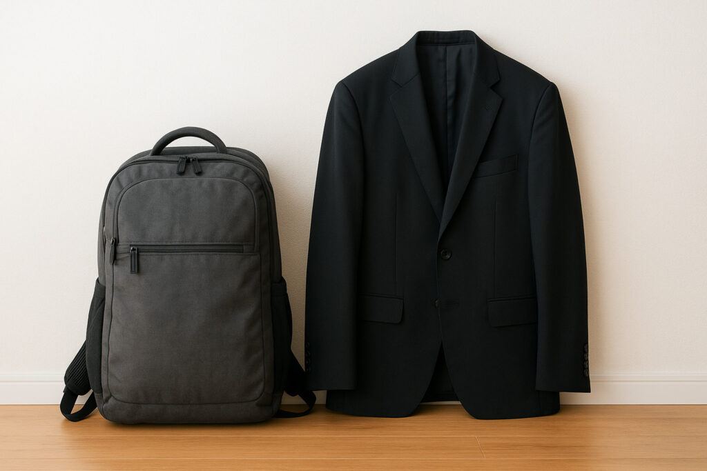 バックパックとビジネススーツが床に並べられ、日本一周と就職活動の両立をイメージさせる。