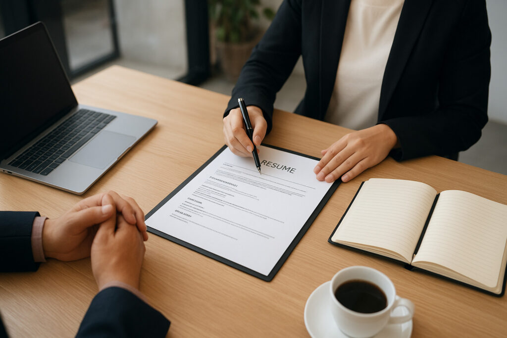 対面でキャリア相談を受ける様子。机の上に書類やPCがあり、落ち着いた雰囲気で相談している。