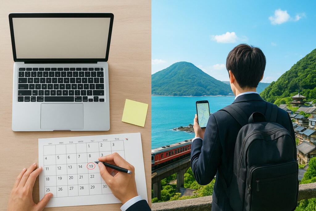 画面の左側にノートパソコンとカレンダーで休暇日を印つける手元、右側にリュックを背負った人物が海と山の見える観光地でスマホの地図を確認している様子。仕事と旅を対比した構図。