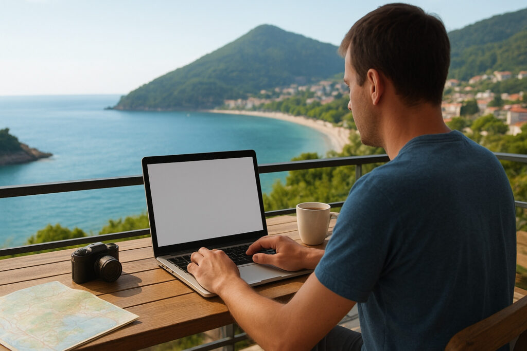 海の見えるテラスでノートパソコンを操作する男性。テーブルには地図やカメラ、マグカップが置かれ、仕事と旅を両立する雰囲気が伝わる。