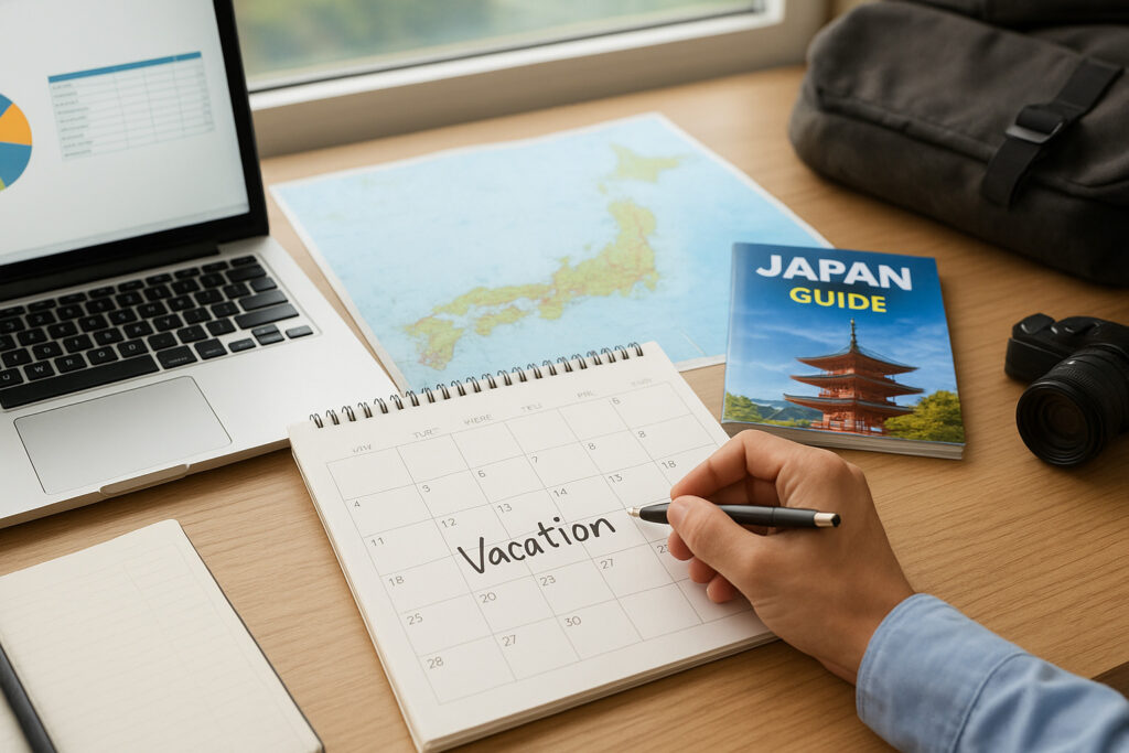 机の上にカレンダー、ノートパソコン、日本地図、旅行ガイドブック、カメラが置かれ、手元でカレンダーに『Vacation』と書き込んでいる様子。