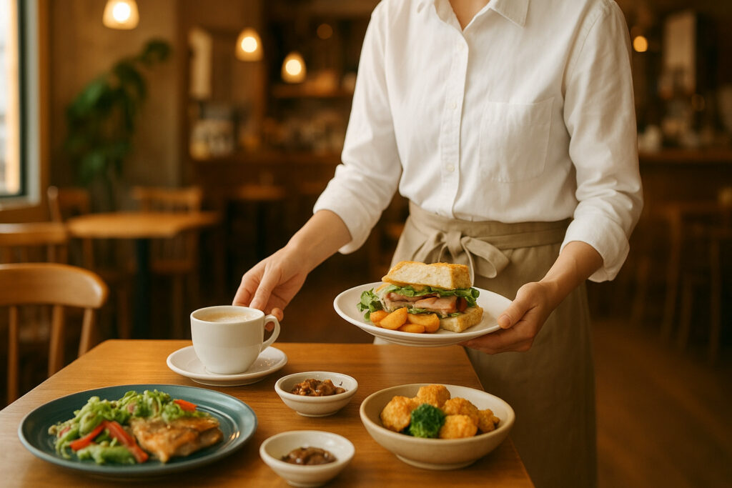 カフェ風の店内で、エプロンを着けたスタッフがサンドイッチとコーヒーをテーブルに運んでいる様子。木のテーブルの上にはサラダや小鉢料理も並び、温かみのある雰囲気が伝わる。