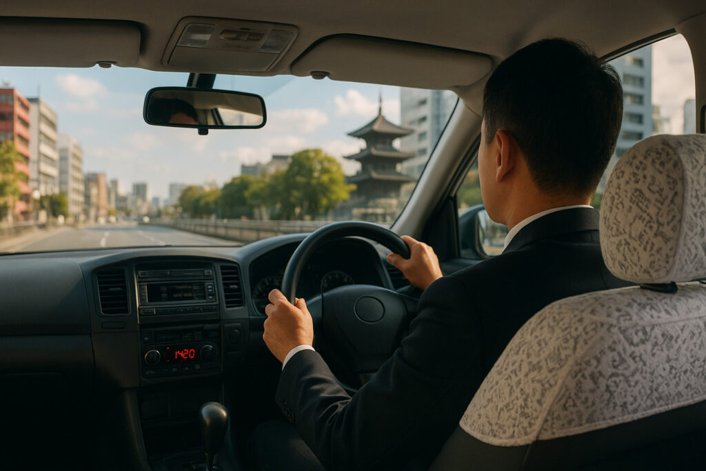 後部座席から見たタクシー車内の様子。運転席のドライバーが前方を見ながらハンドルを握り、市街地の道路を走っている。
